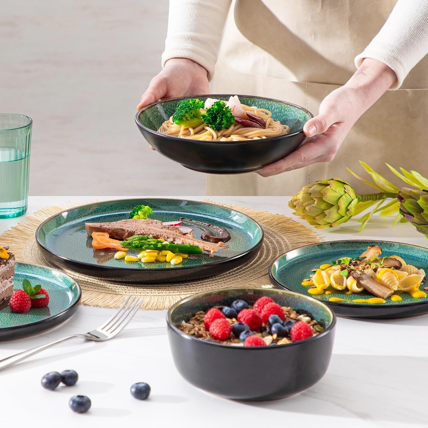 48pc Green Dinner Set Plates Bowls Stoneware Reactive Glaze Service for 12