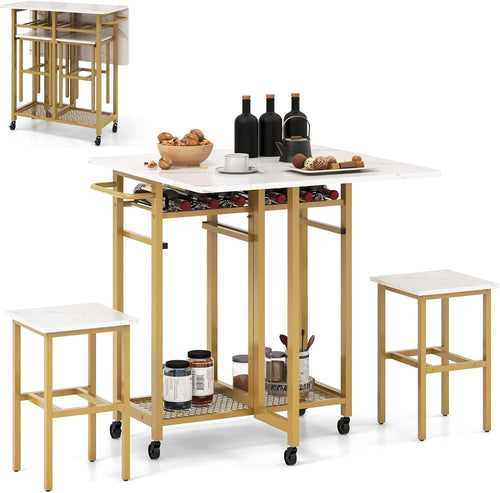 Foldable Drop Leaf Dining Table Set with Stools Wine Rack Shelves & Wheels