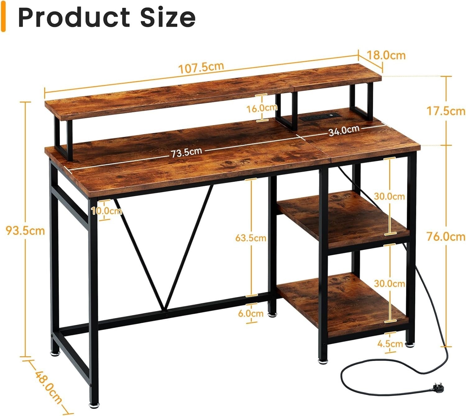 Reversible Rustic Brown Computer Desk w/Power Outlet & Monitor Stand