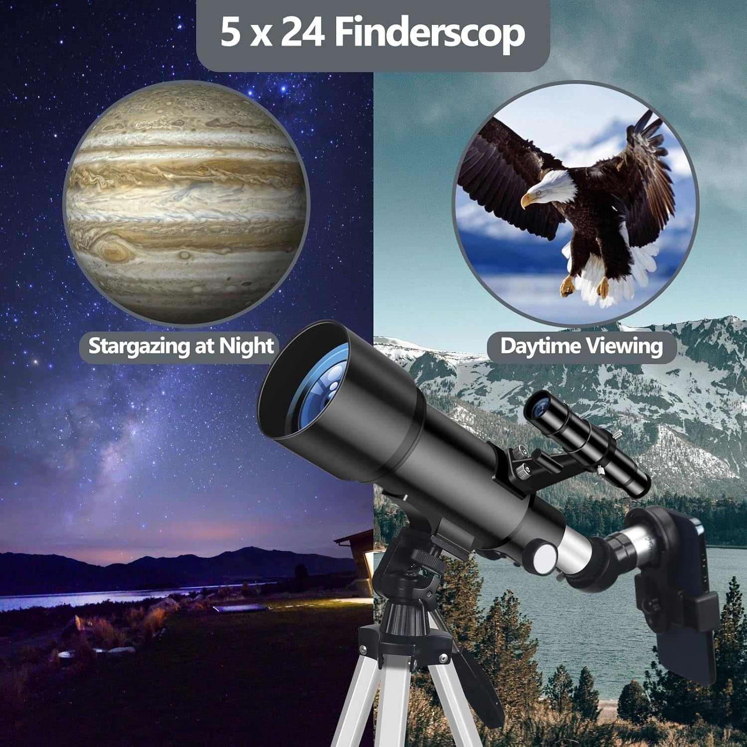 70mm Refractor Telescope 400mm Travel Scope with Tripod Phone Adapter Black