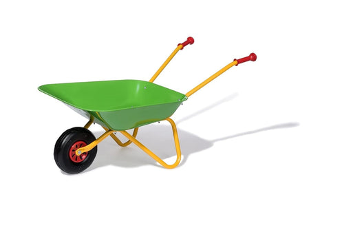 Kids Green Metal Wheelbarrow – Yellow Handles, Tubeless Tyre, 25kg Load Capacity