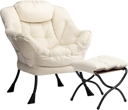 Plush Velvet Armchair with Footstool Living Room Bedroom Lounge Chair Beige