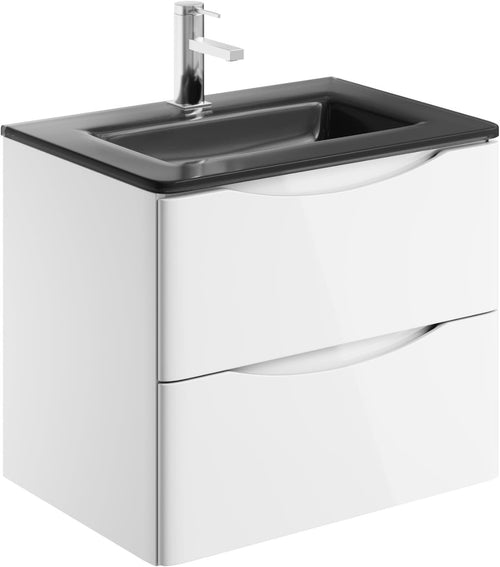 600mm Wall Hung Vanity Unit White Gloss with Grey Glass Basin Bathroom Storage