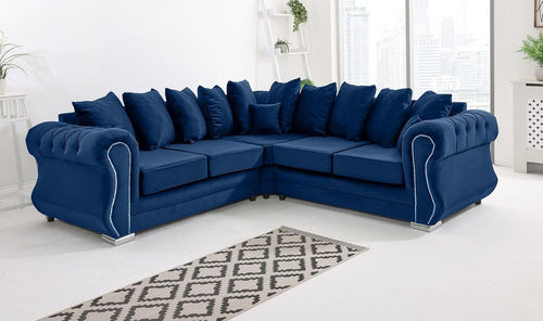 Blue Plush Velvet 5 Seater Corner Sofa with Foam Cushions & Scatterback
