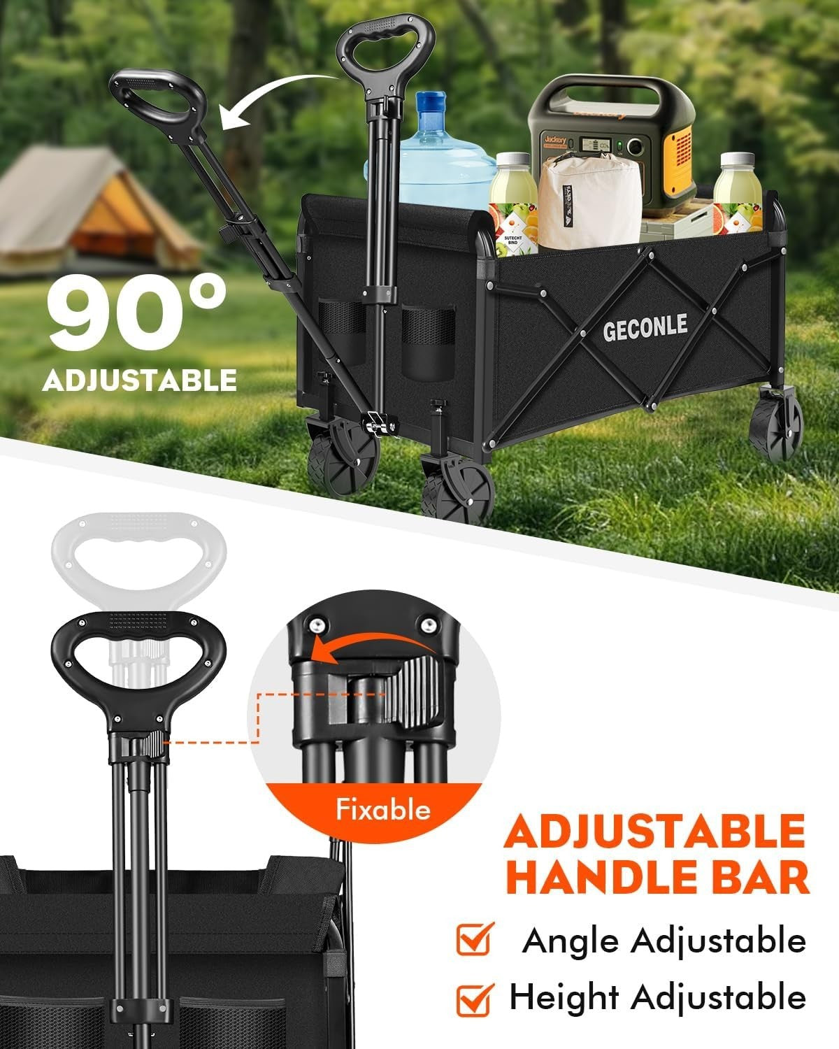 Black Folding Festival Trolley 100kg Garden Wagon Cart w/ Cup Holders & Wheels