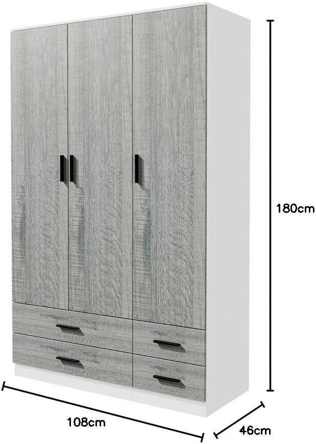 Ash Grey & White Wardrobe 3 Door 4 Drawer Modern Bedroom Storage Cupboard