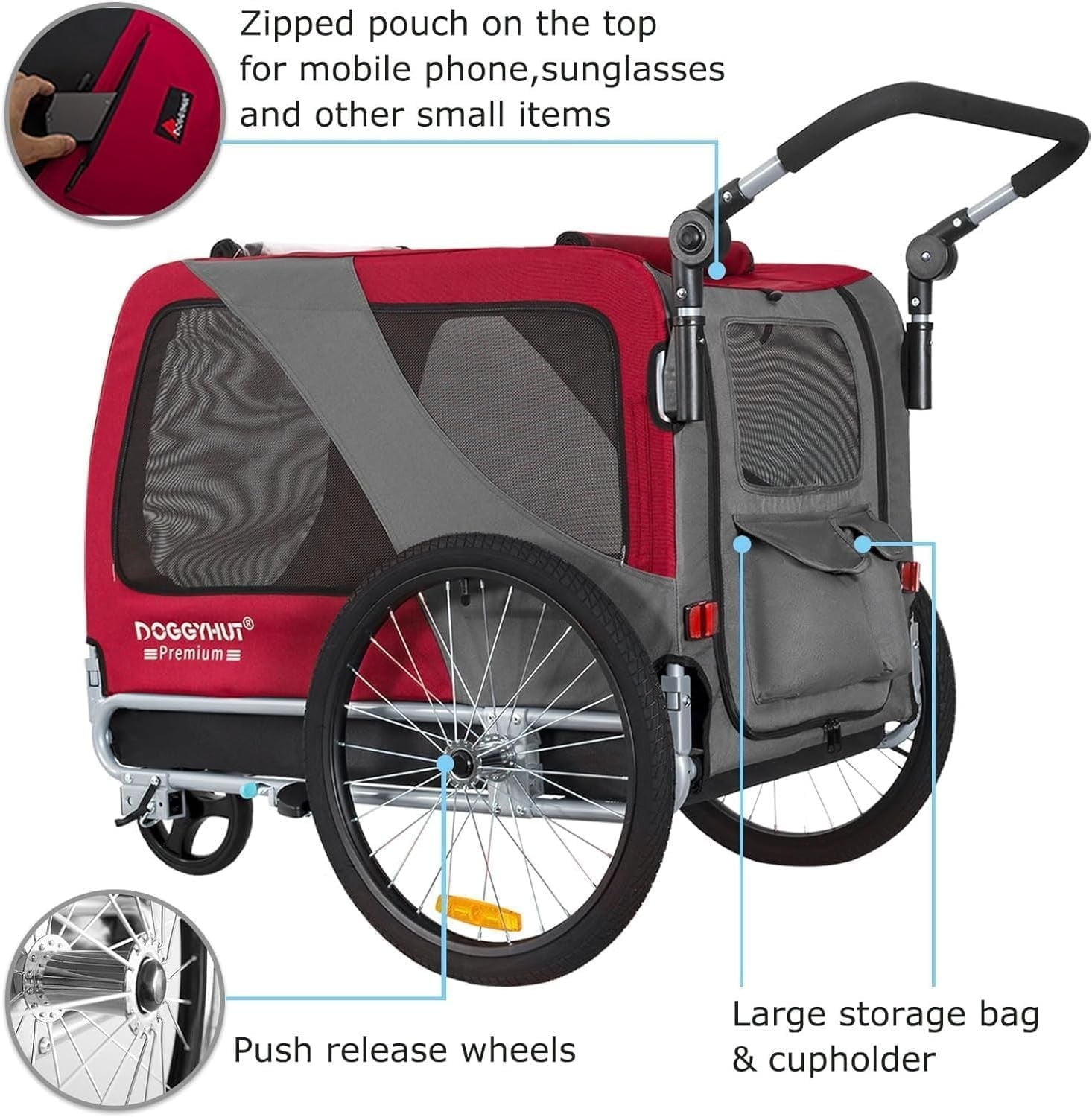 Heavy Duty Dog Bike Trailer Stroller XL 45kg Red Black