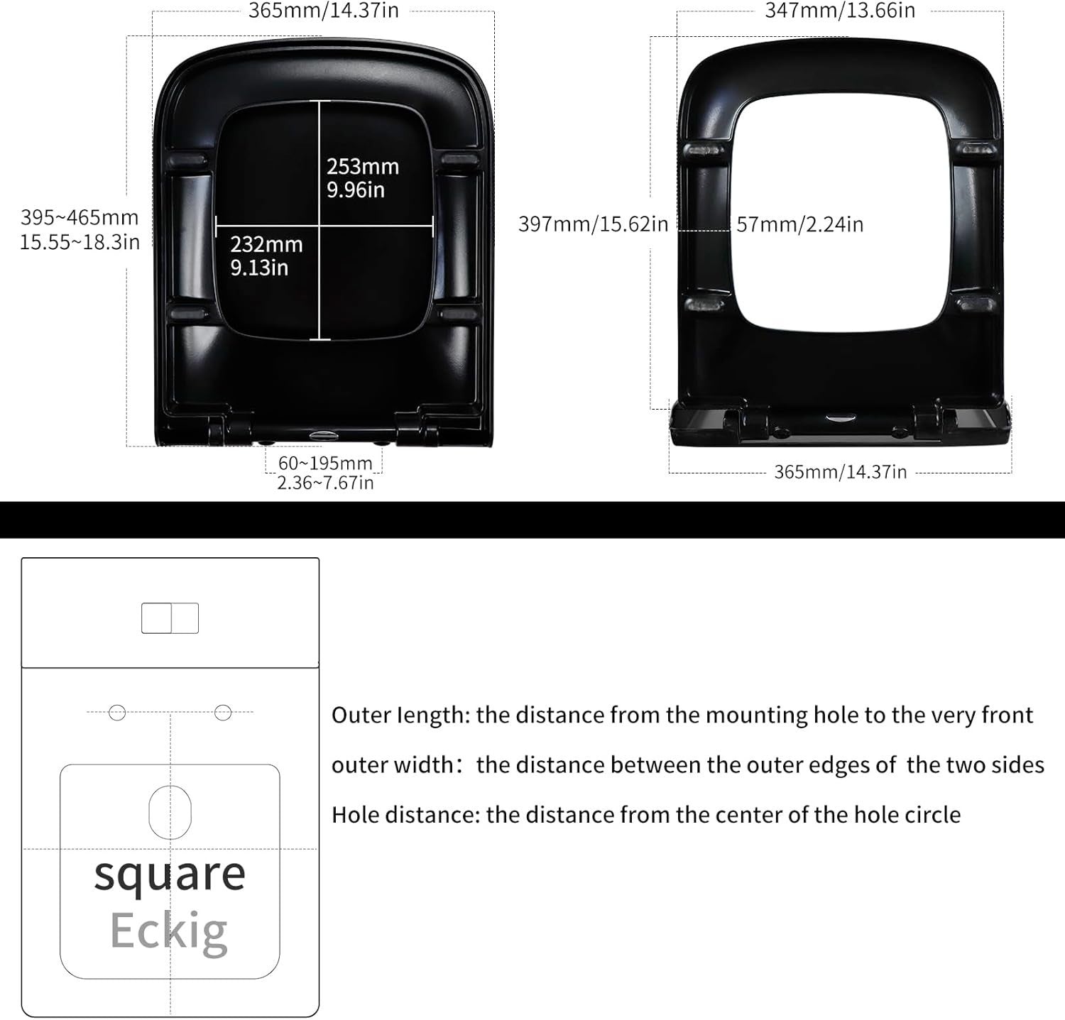 Black Soft Close Toilet Seat Square Shape Quick Release Easy Clean Duroplast