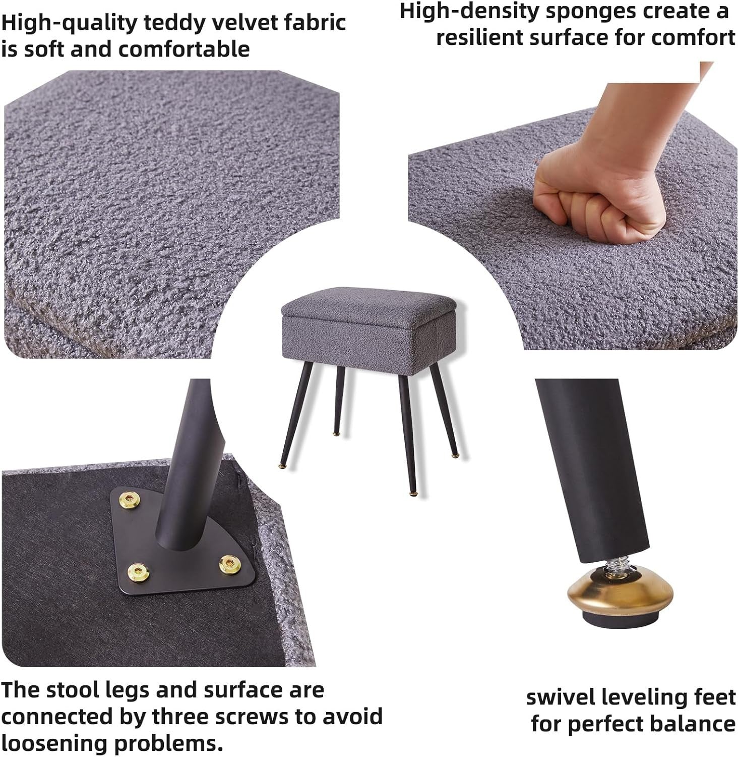 Grey Teddy Fur Vanity Stool with Storage – Soft Ottoman Chair for Bedroom