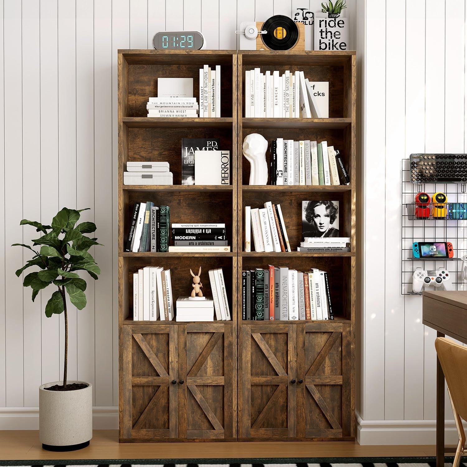 Tall Rustic Brown 6-Tier Bookcase Cabinet Doors Modern Storage Unit 181cm