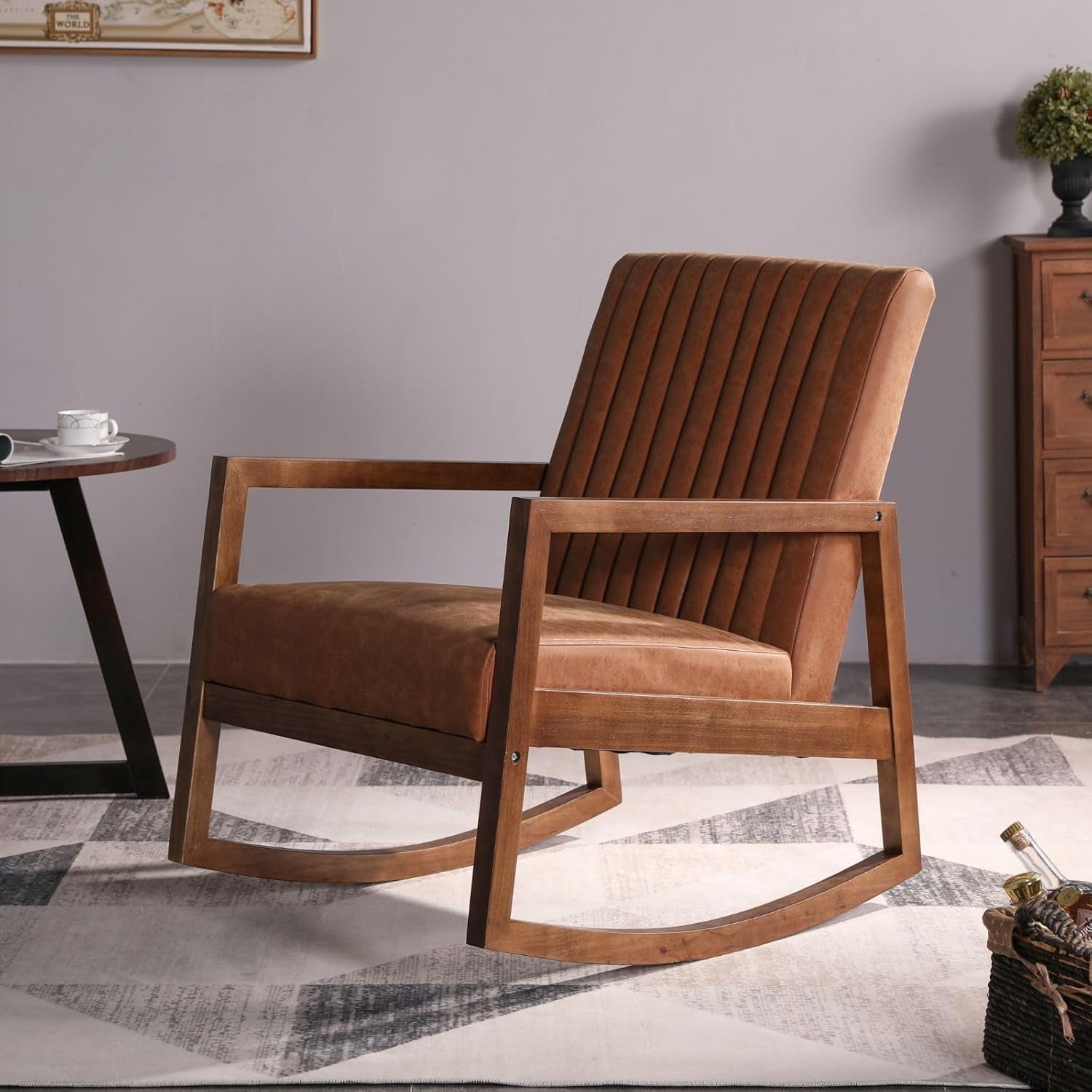 Retro PU Leather Rocking Chair Walnut Wood Frame Comfortable Reading Seat