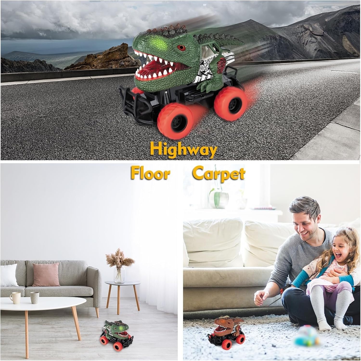 Dinosaur Remote Control Car for Kids 3–8, LED Light Monster Truck Toy