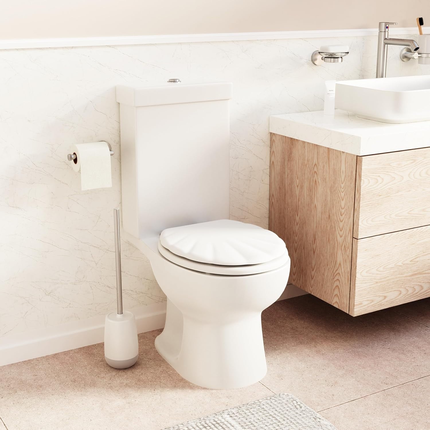 Shell White Wooden Toilet Seat Gloss Antibacterial Stick ‘N’ Lock Hinges