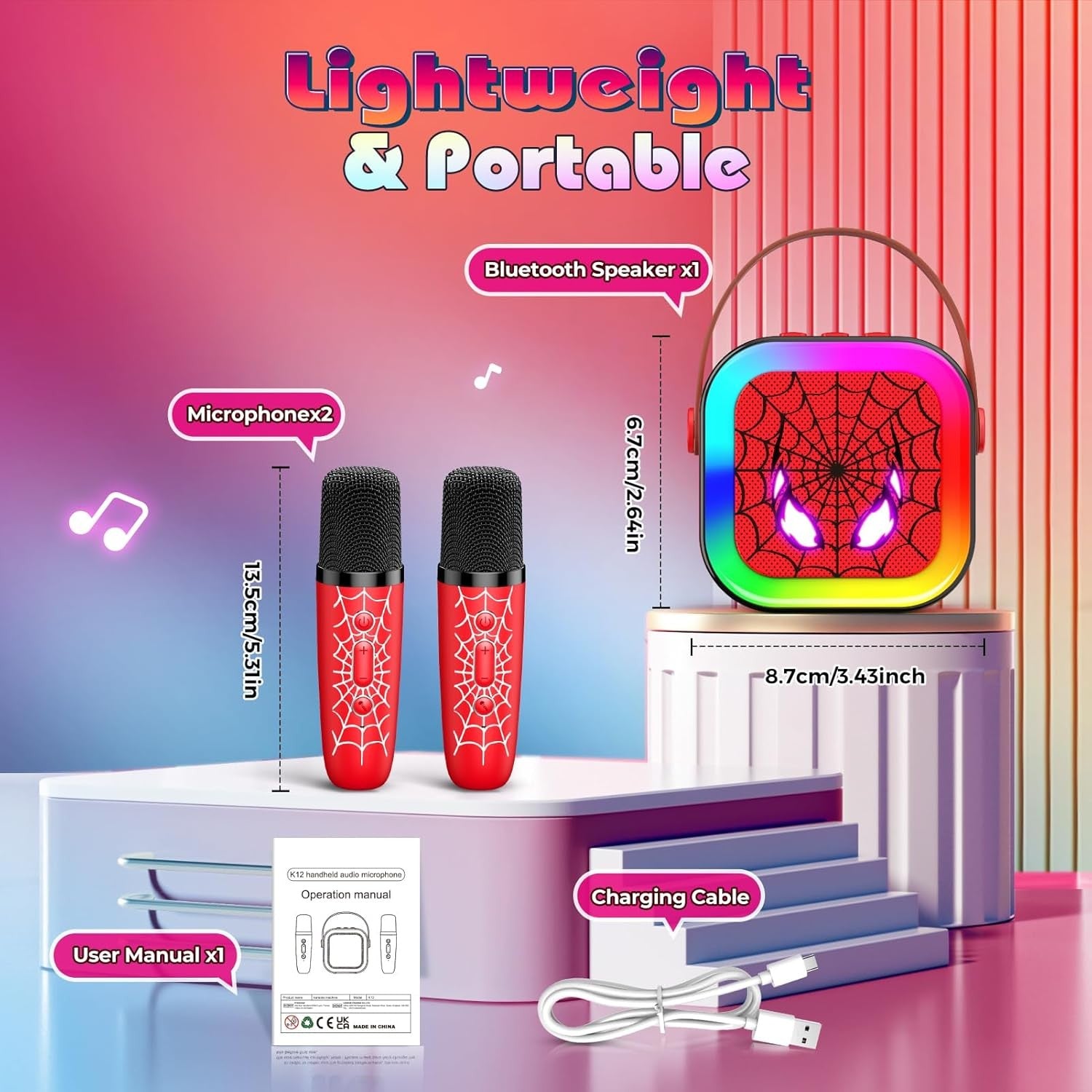 Kids Karaoke Machine 2 Wireless Mics Bluetooth LED