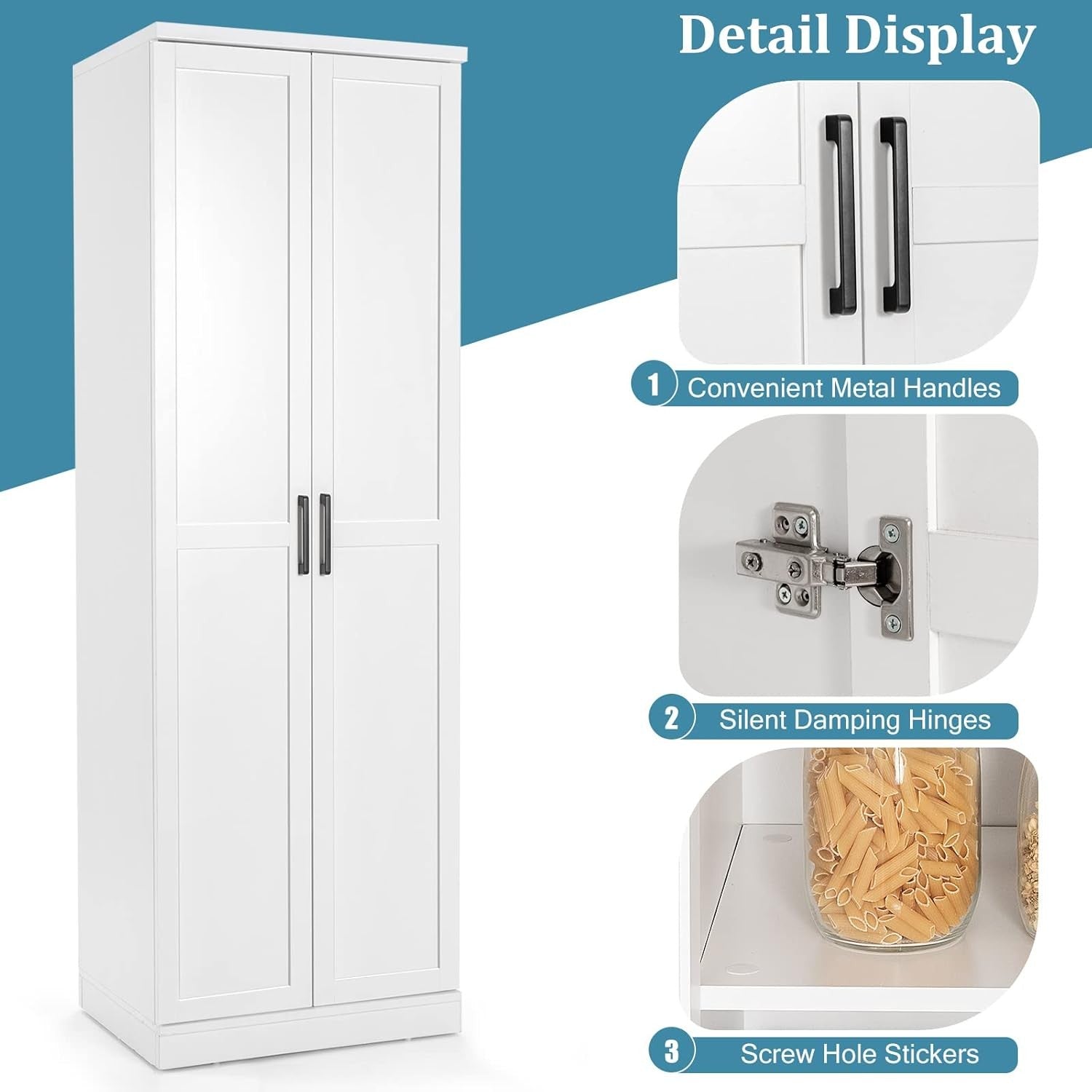 White Tall Wooden Storage Cabinet with Adjustable Shelves & Double Doors