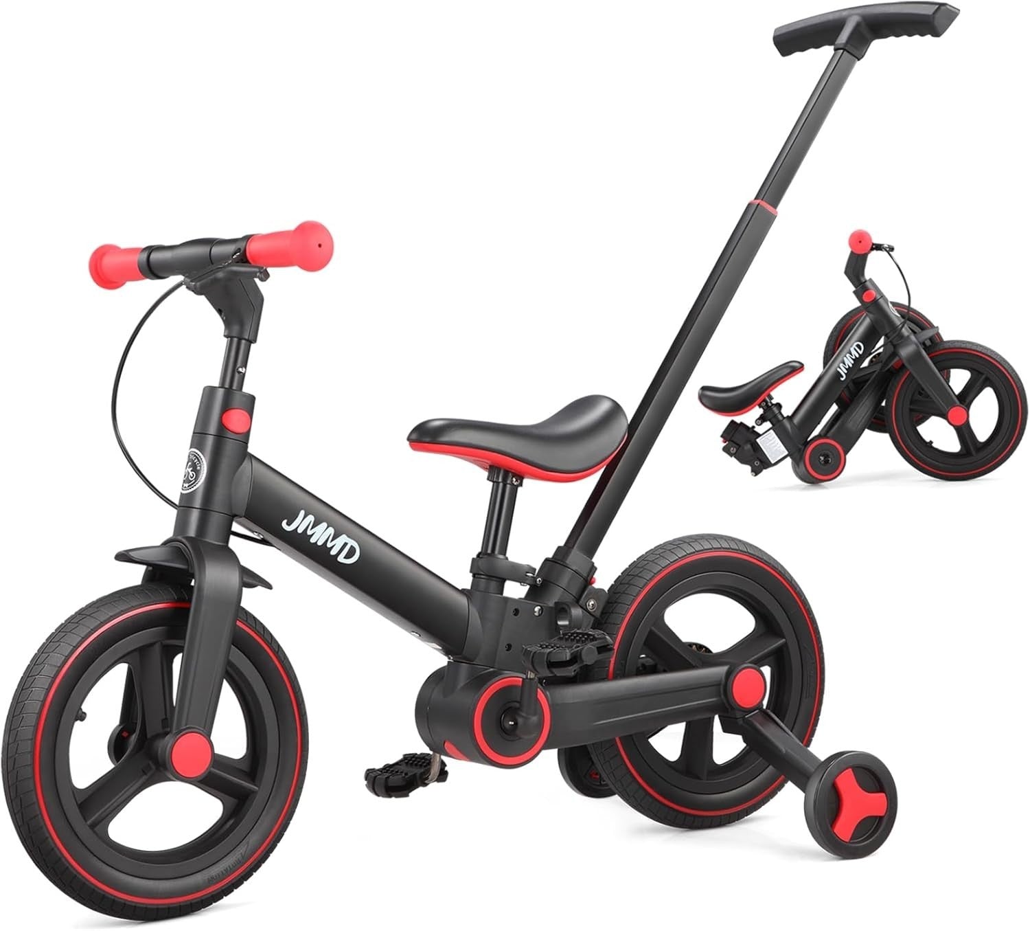 6 in 1 Toddler Bike Balance Pedal Bike Foldable Push Handle Black