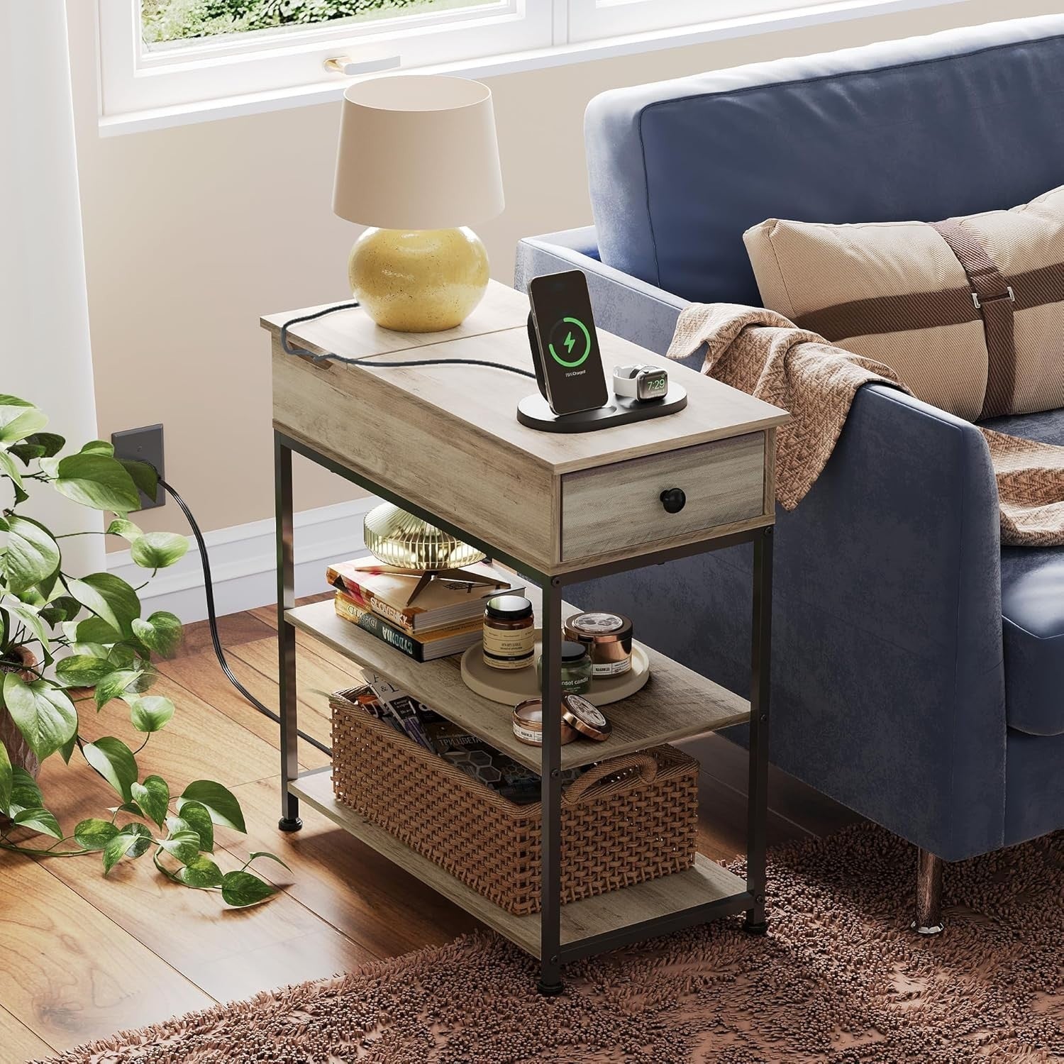 Narrow Side Table with USB & AC Charging – Grey Oak, 30x60x61cm