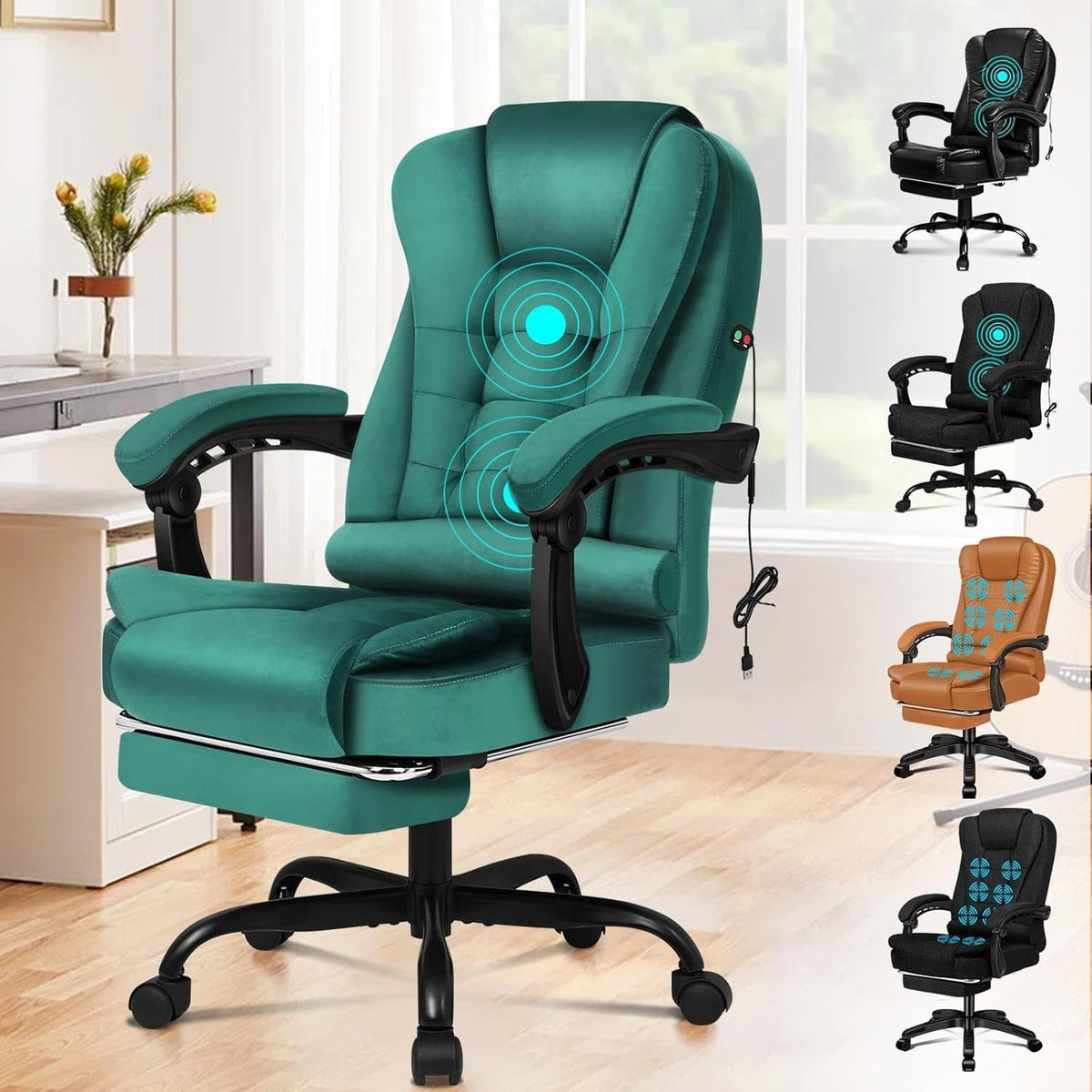 Massage Velvet Office Chair Recliner Footrest Adjustable Height Executive Desk P
