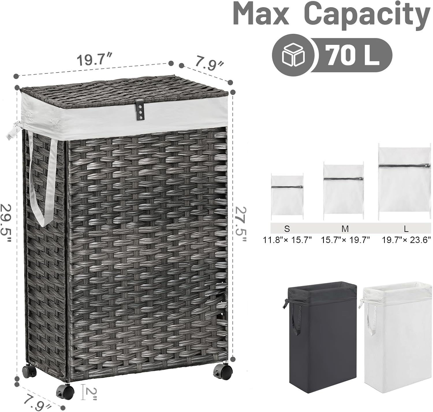 70L Slim Rattan Laundry Hamper Grey with Wheels 2 Liner Bags Tall Basket