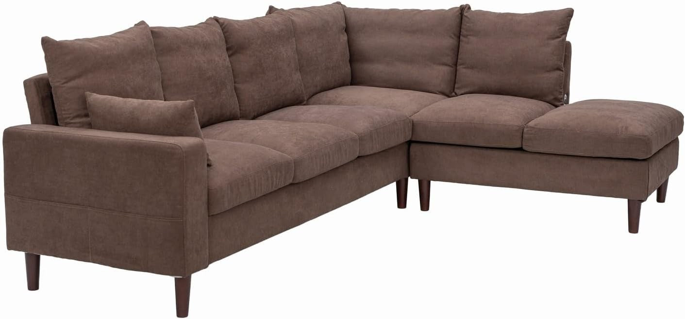 6 Seater L Shape Sofa with Chaise Brown Linen USB Charging Corner Couch