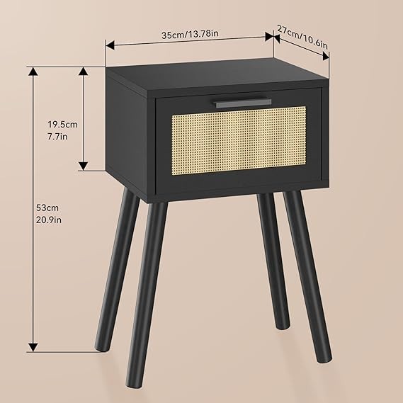 Set of 2 Black Bedside Tables with Rattan Drawer, Modern Wooden Nightstands