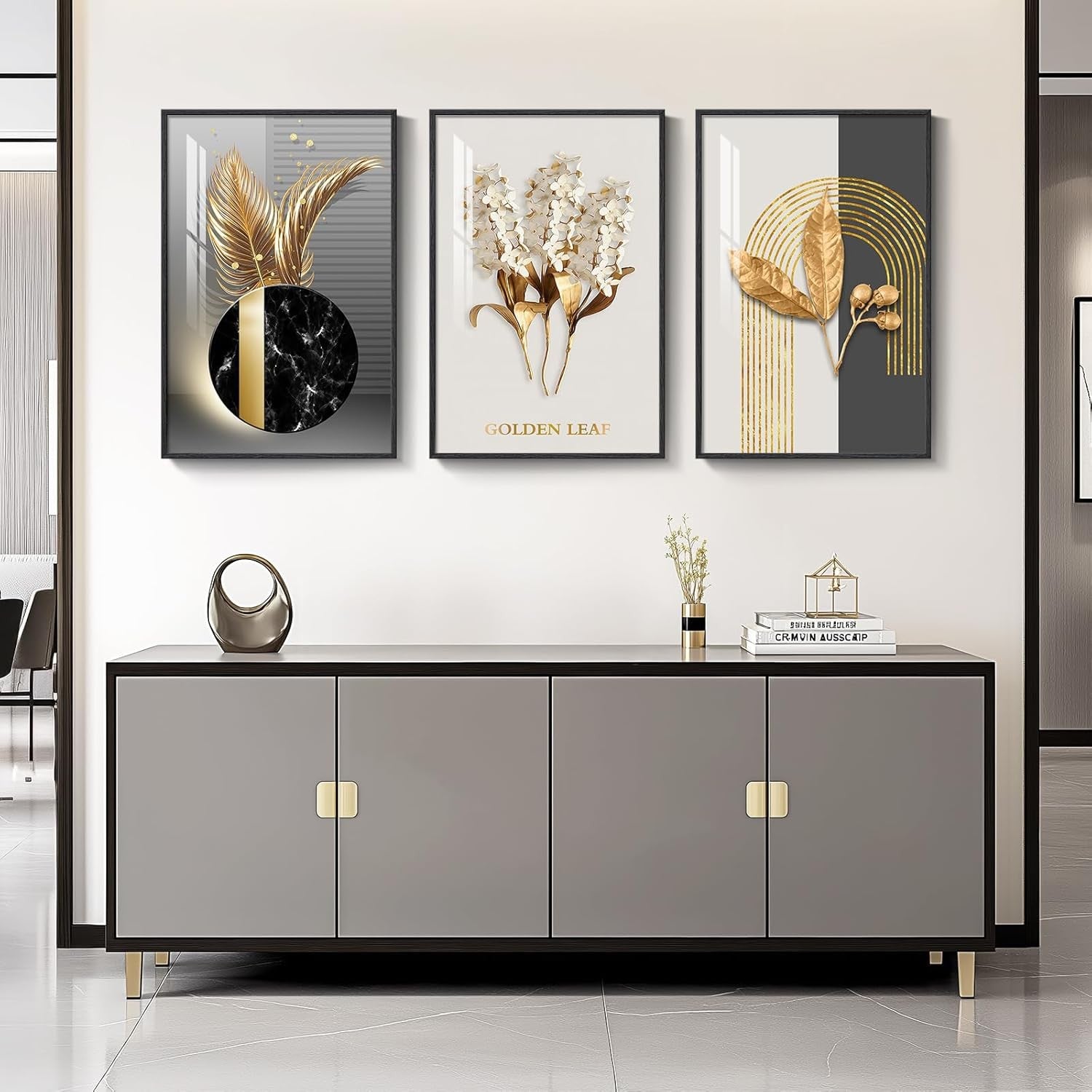 Large Black Gold Wall Art Set of 3 Framed 24x36 Luxury