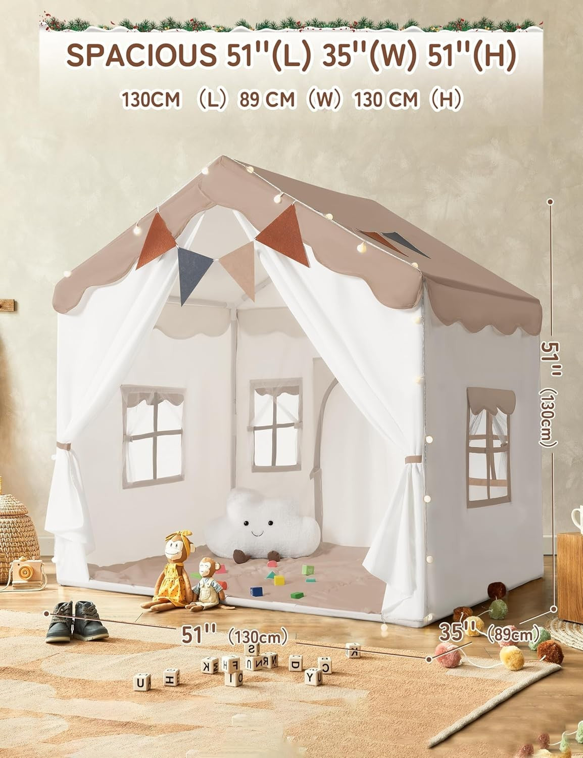 Kids Indoor Castle Tent Bed Canopy with Lights Padded Playhouse Brown