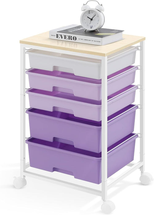 5 Drawer Rolling Storage Trolley Cart with Wheels Utility Organizer Purple