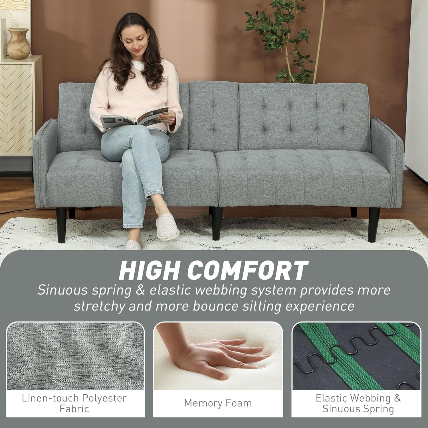 Click Clack Sofa Bed 3 Seater Light Grey Linen Couch w/ Cup Holders