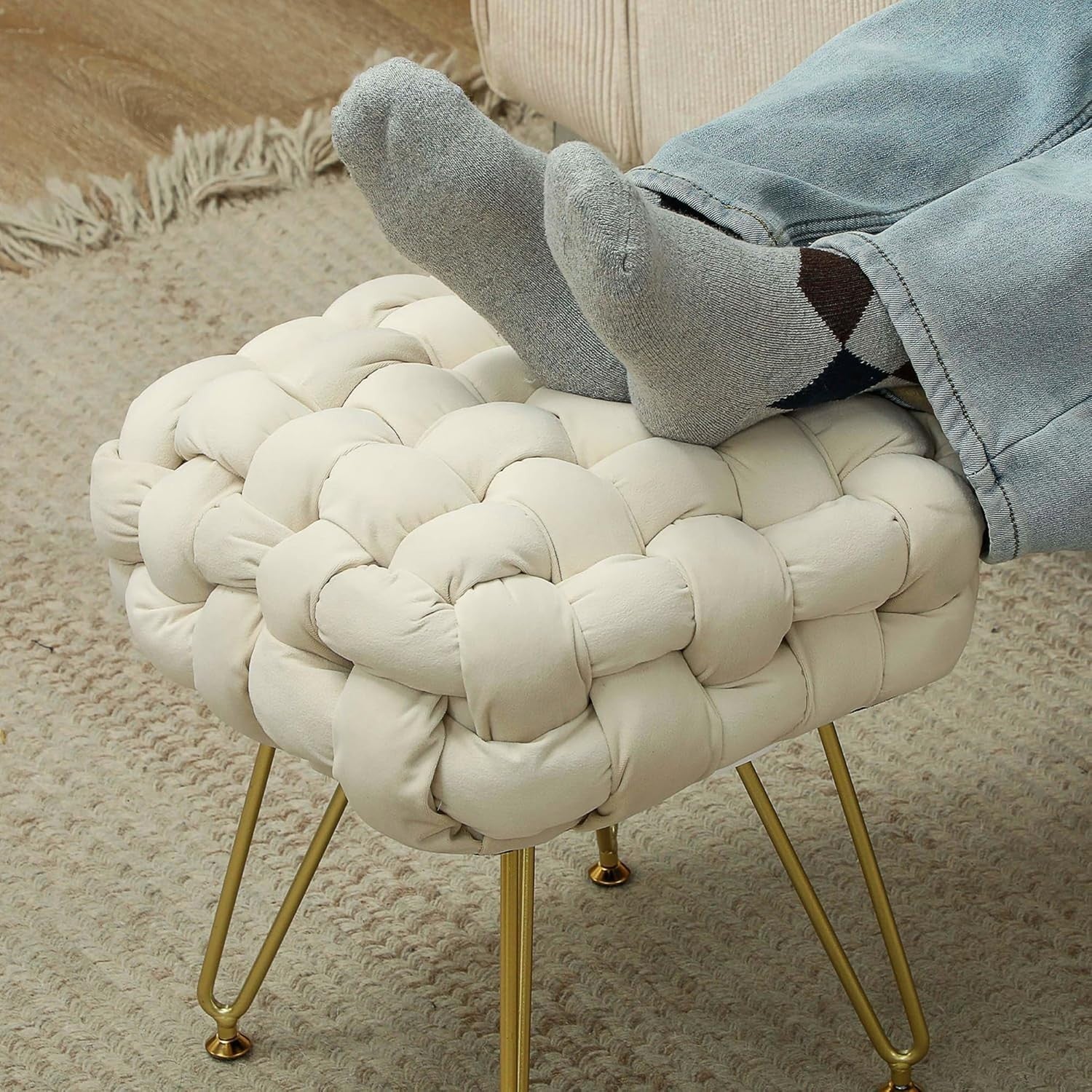 Cream White Square Footstool Woven Velvet Seat Ottoman Metal Leg Stool