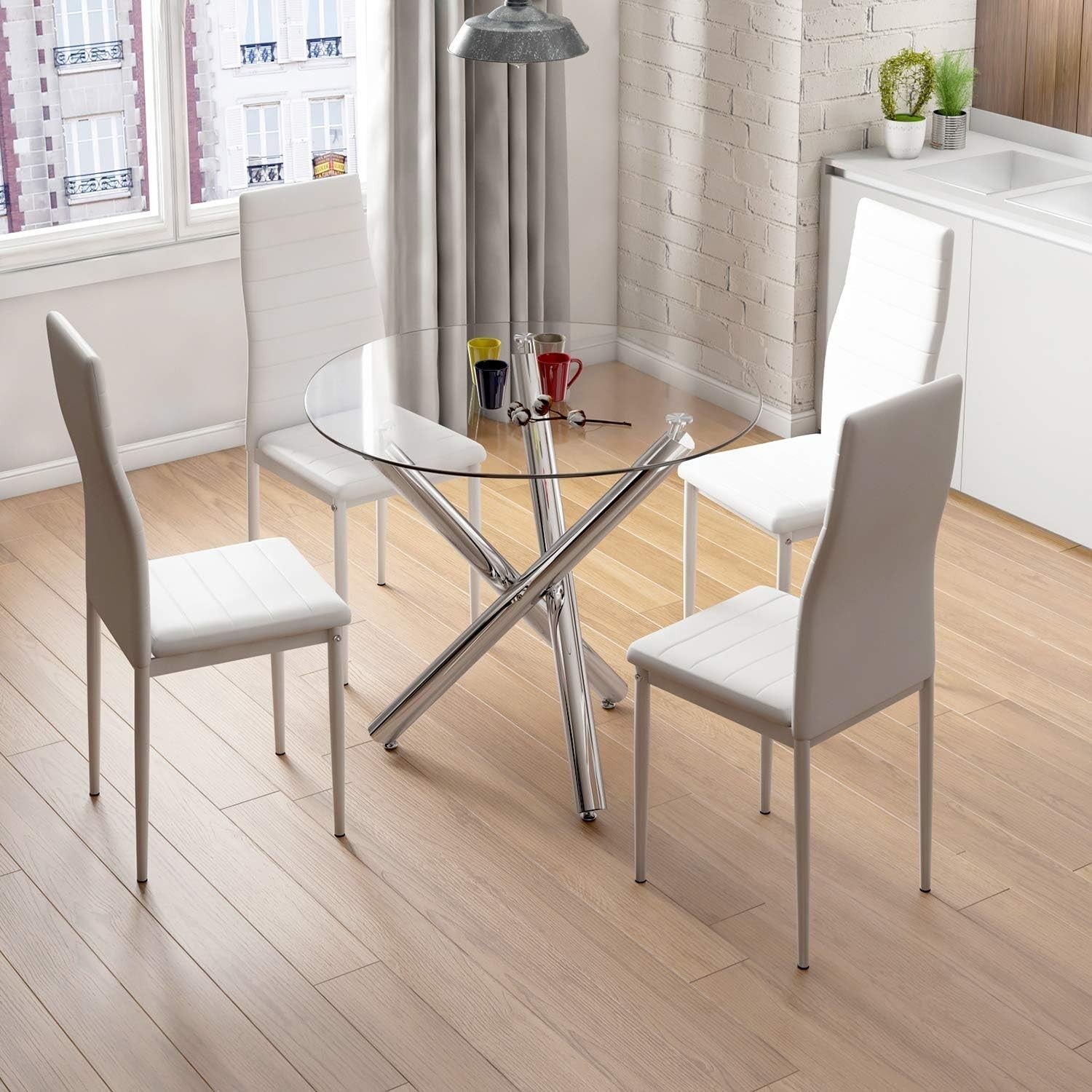 90cm Round Glass Dining Table Set with 2 White Faux PU Chairs