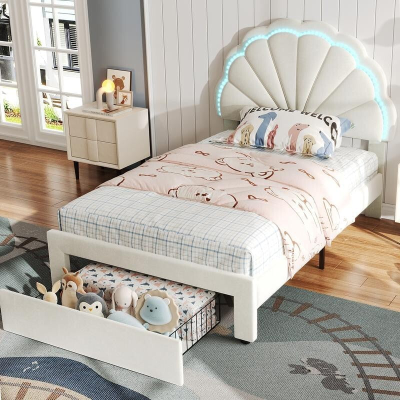 3FT Shell Single Bed with LED Lights & Drawer – Velvet Kids Teen Bed Beige