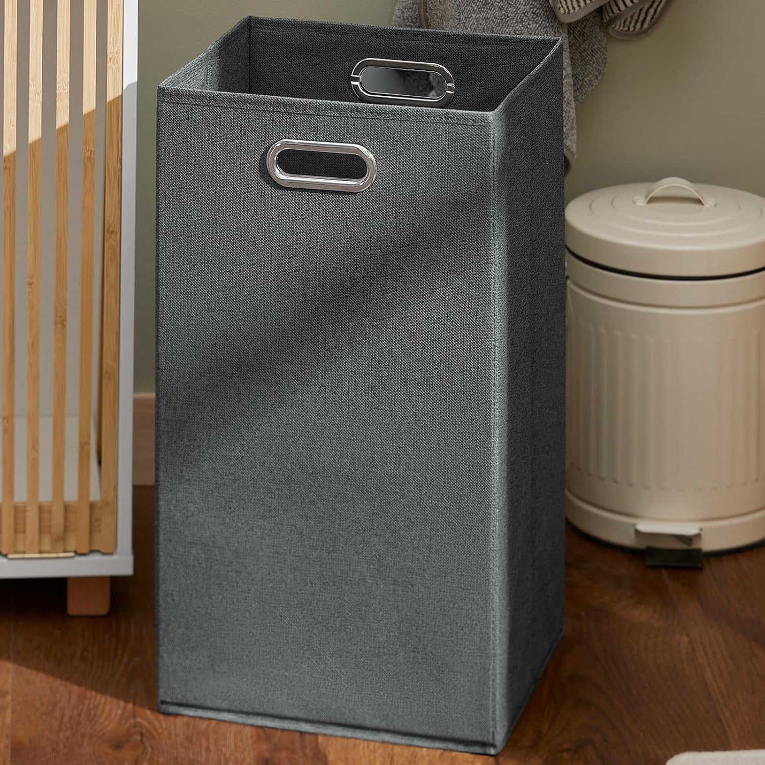Slim Laundry Cabinet with Removable Basket Bathroom Storage Bamboo Door White