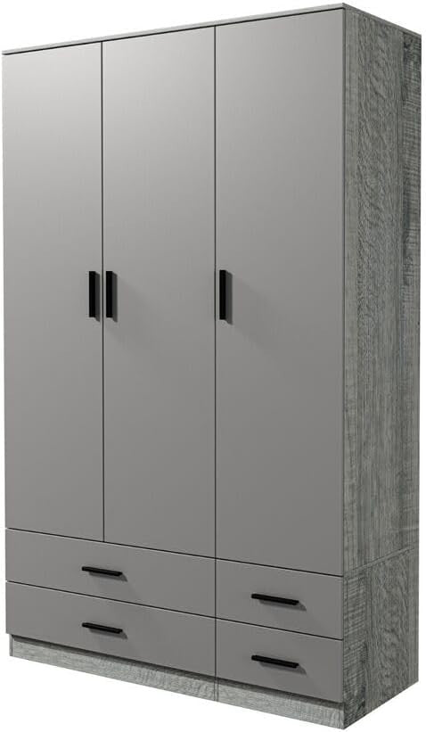3 Door 4 Drawer Wardrobe Hanging Rail Storage Ash Grey & Cool Grey