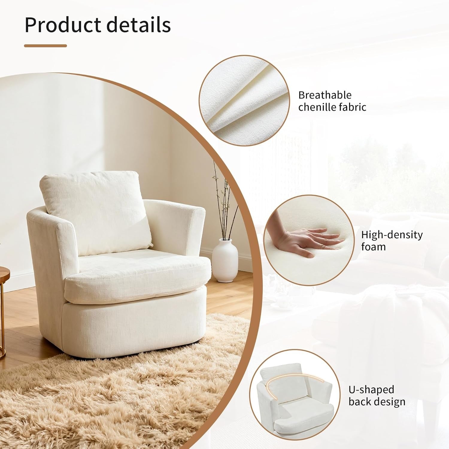 Swivel Tub Chair Accent Armchair with Pillow White Fabric