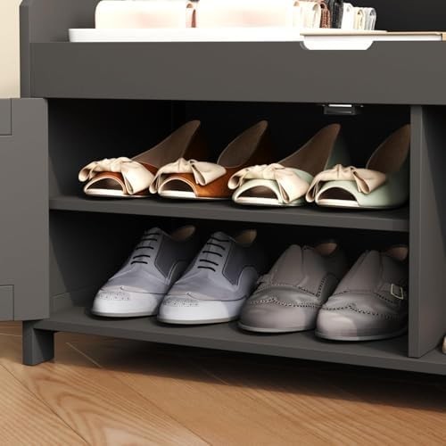 Black Shoe Storage Bench with Cushion Seat 2-Door Cabinet Entryway 76x39x46cm