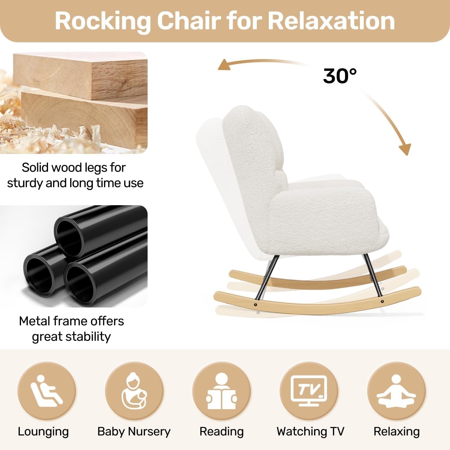 Ivory Rocking Chair Tufted Lambswool Armchair Nursery Lounge Seat