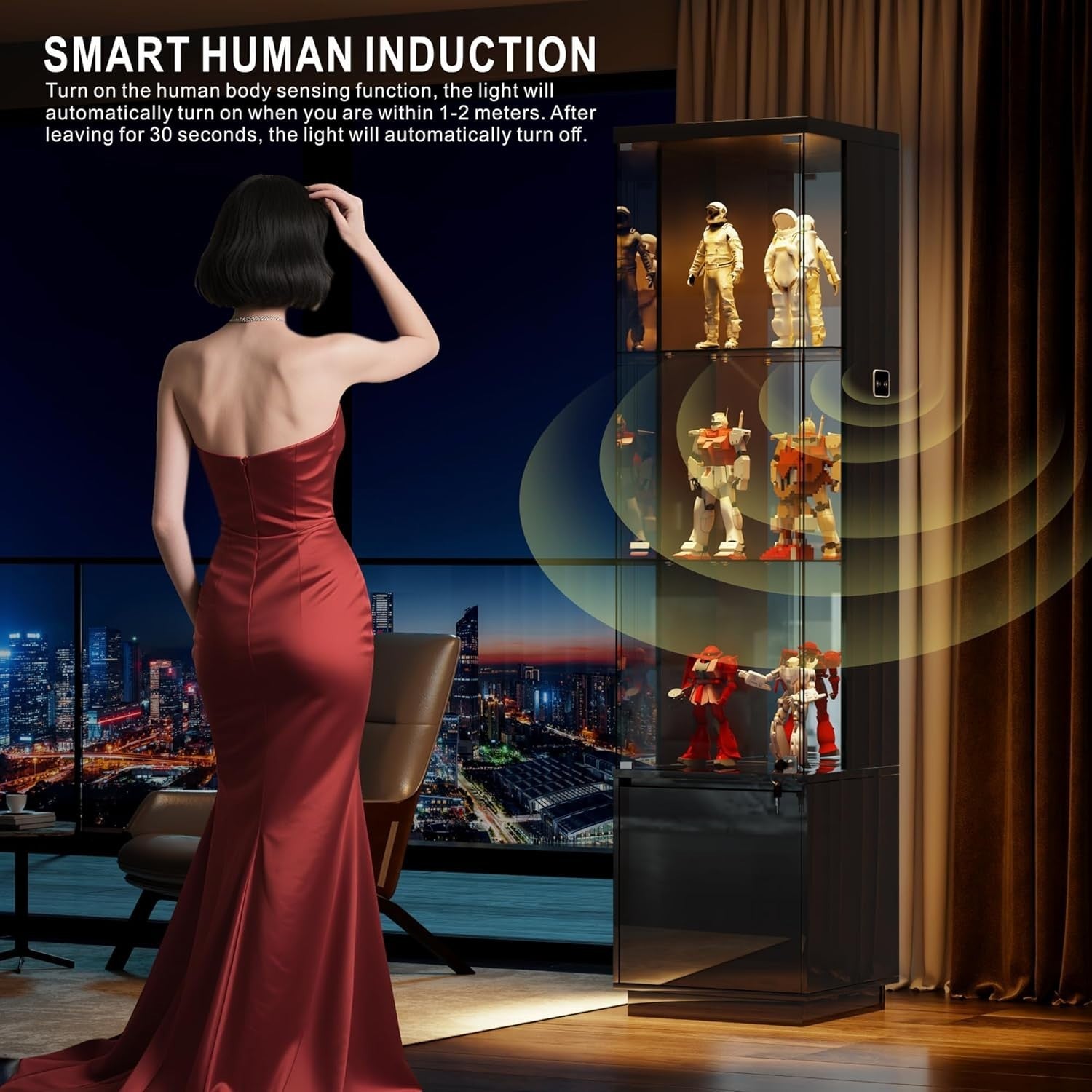 Tall Glass Display Cabinet w/ Lights & Lock | Modern 3-Tier Storage Unit