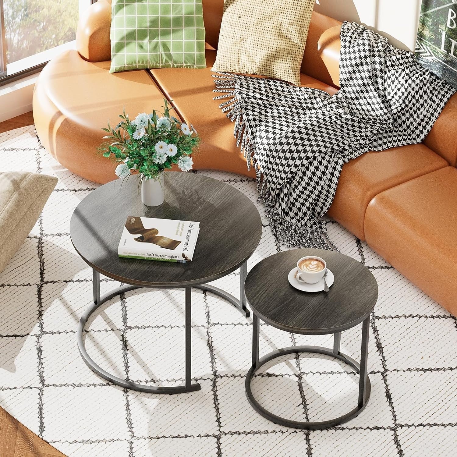 Grey Round Nesting Coffee Table Set 2, Modern Living Room Side End Tables