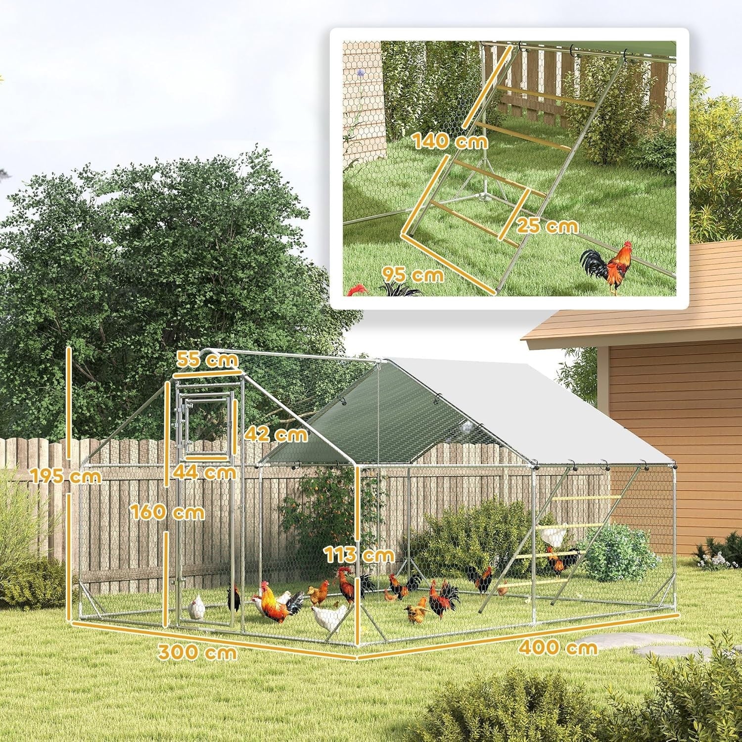 Large Walk In Chicken Run 3x4m Galvanised Coop UV Cover Feeder