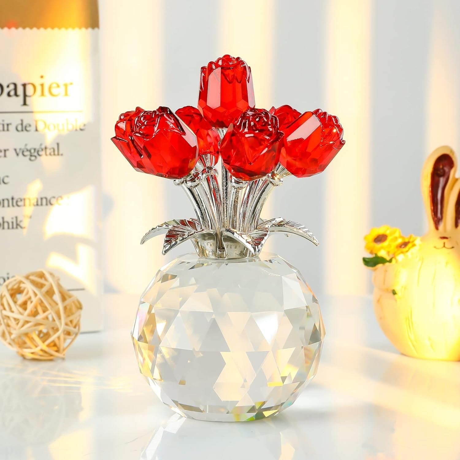 Red Crystal Rose Bouquet Ornament Gift for Women Birthday Valentine Anniversary
