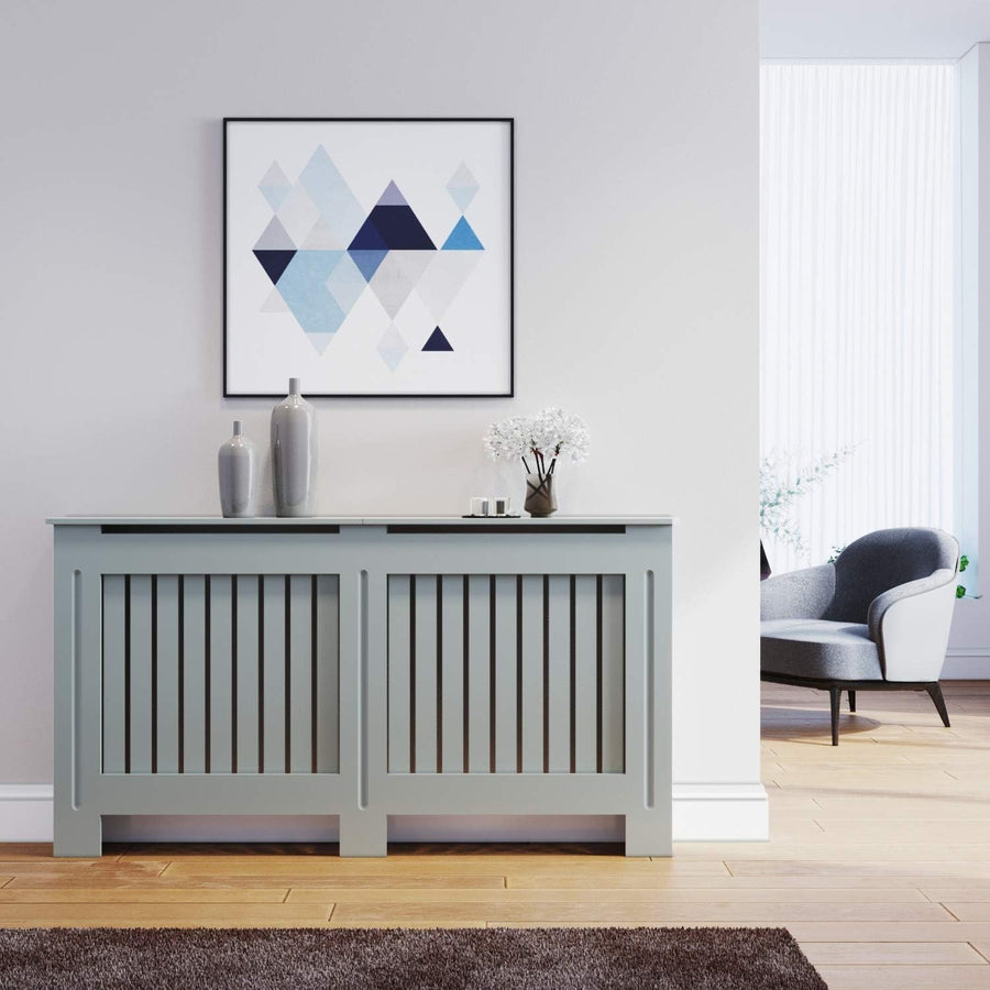 Large Grey Radiator Cover Cabinet | Vertical Slat MDF Heater Cover with Shelf