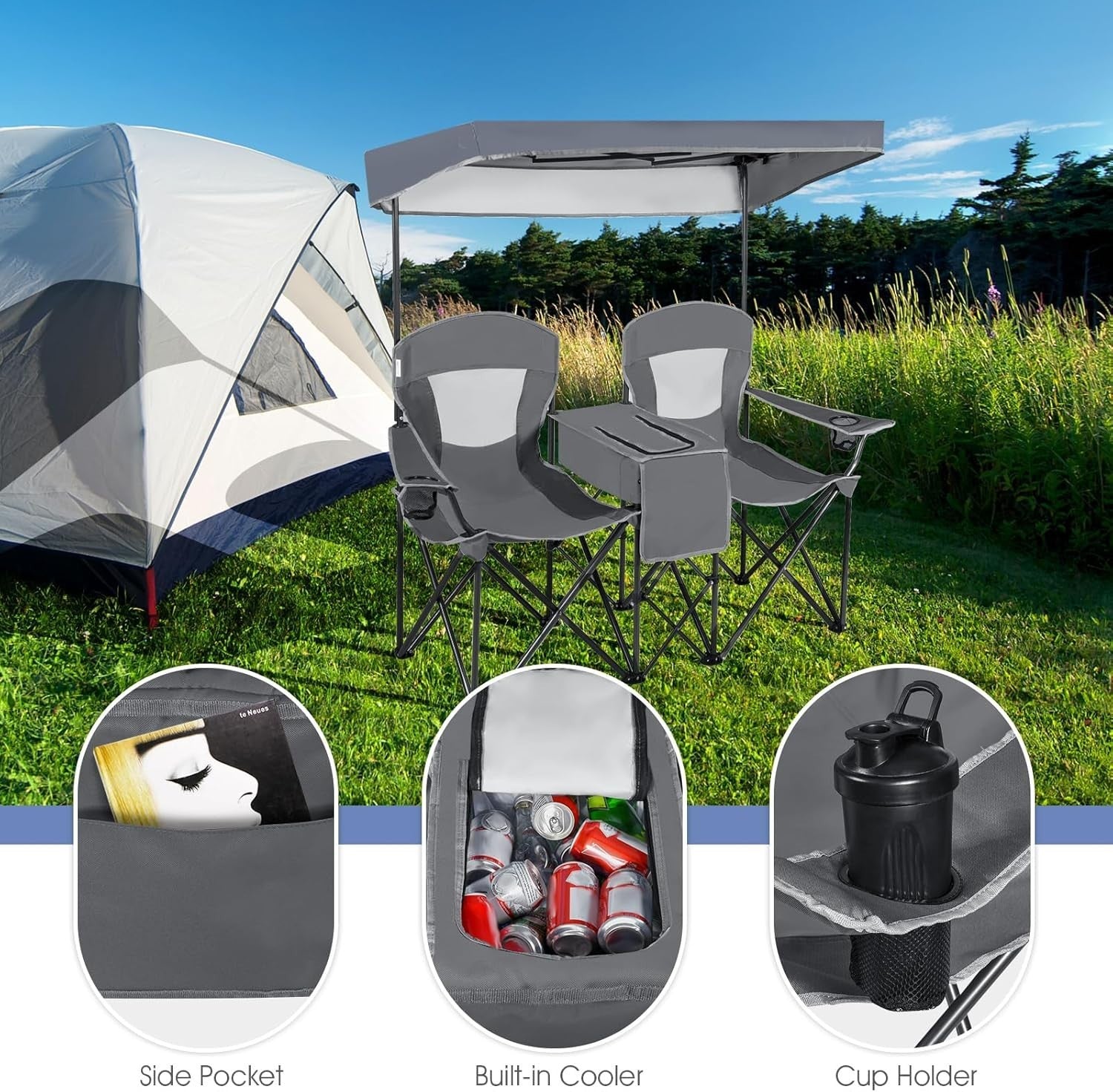 Grey 2 Seat Folding Camping Chair w/ Canopy, Cooler Bag, Cup Holders, Case