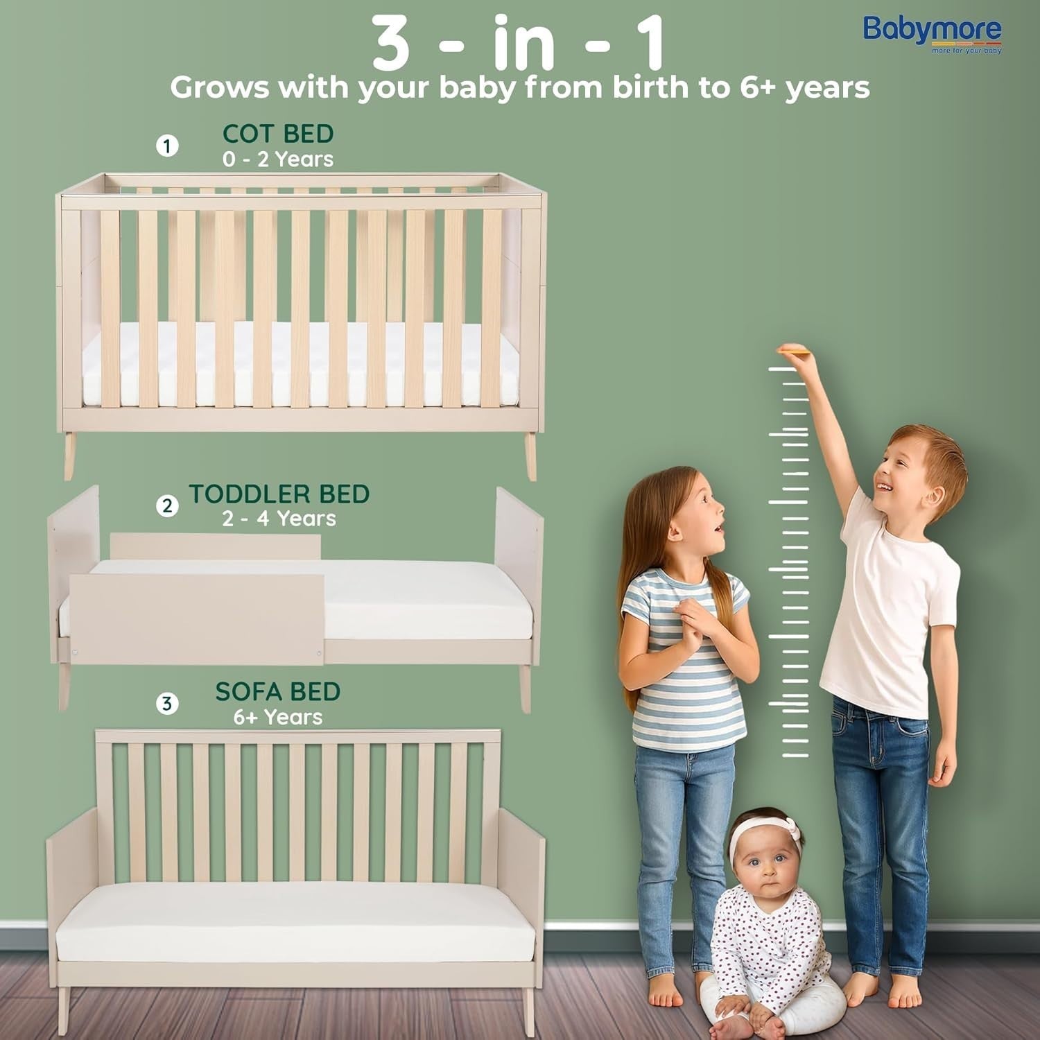 3in1 Convertible Toddler Bed Baby Cot Bed & Sofa Adjustable Height Teething Rail