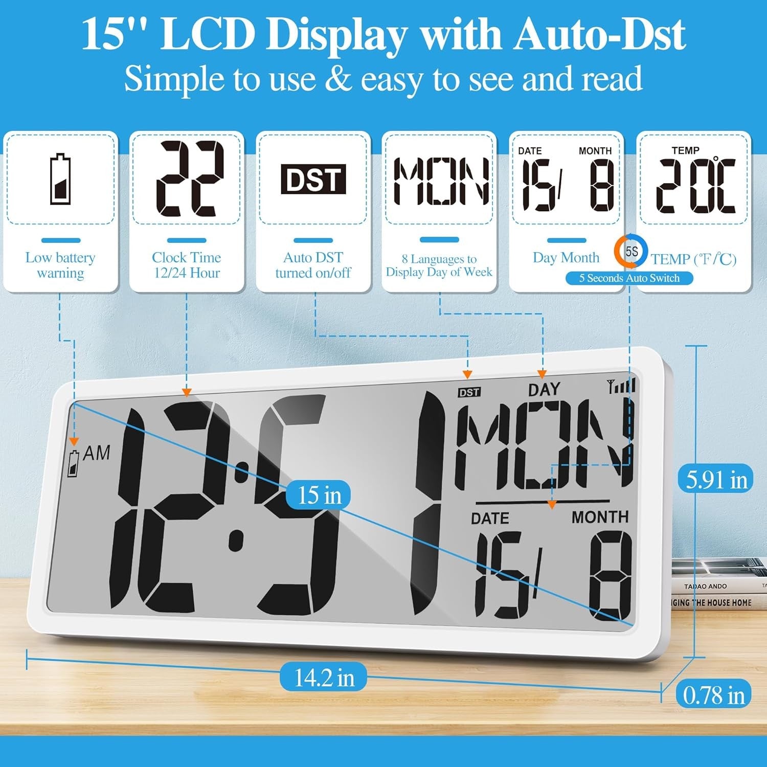Atomic Digital Wall Clock 15'' Large Display Alarm Date Temperature Battery
