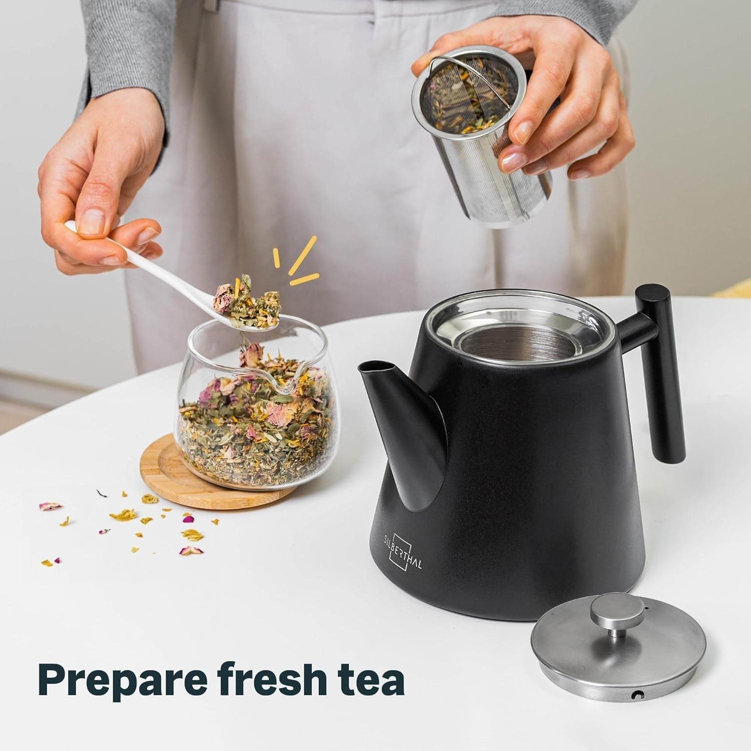 Black Stainless Steel Teapot 1L Double Wall Insulated w/ Tea Strainer