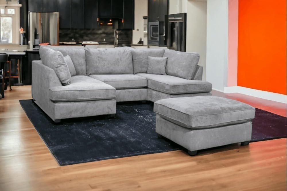 Grey U-Shaped Modular 5 Seater Sofa - Cinema Corner Settee + Footstool