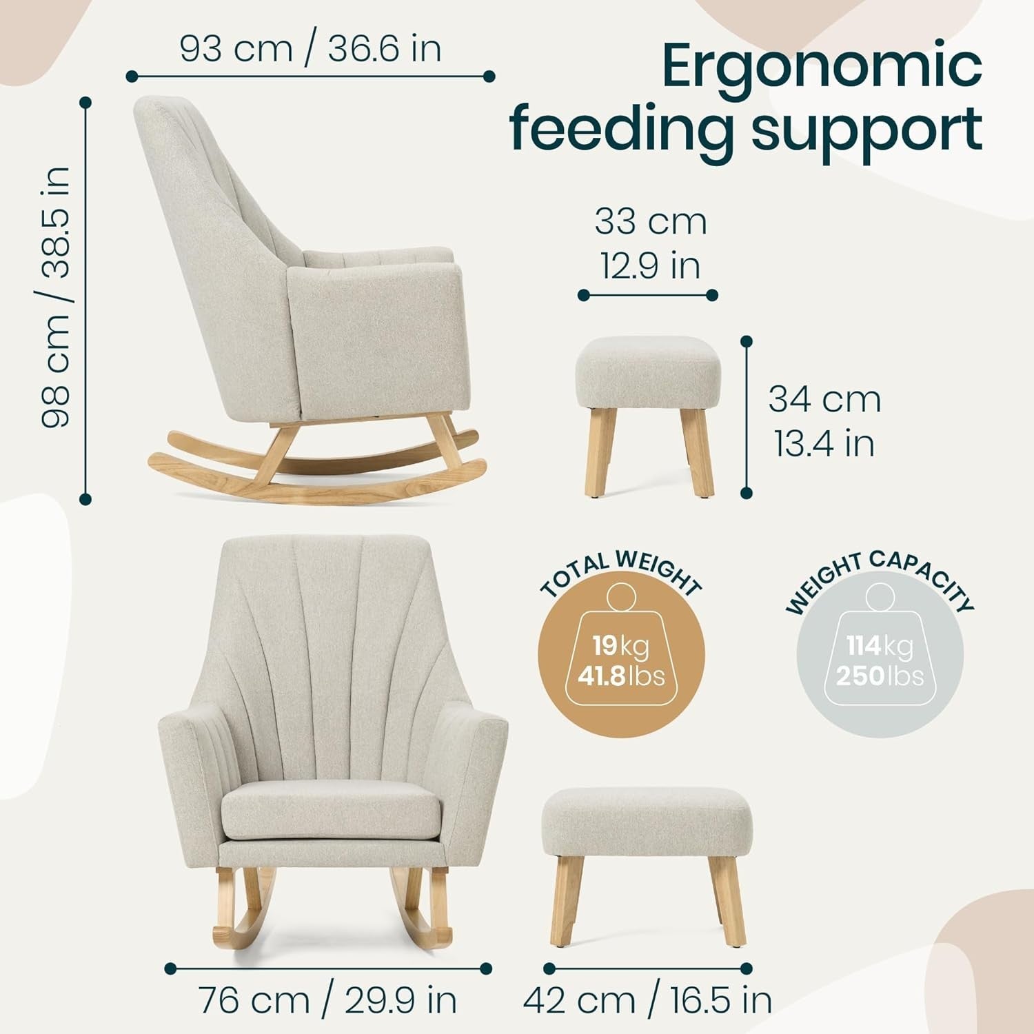 Nursery Rocking Chair with Footstool, Soft Grey Fabric, Ergonomic, 93x76cm