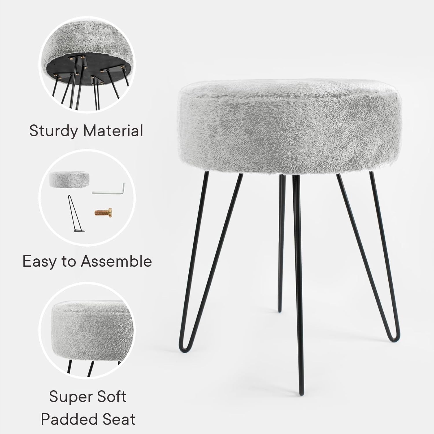 Grey Teddy Fleece Round Footstool Hairpin Leg Vanity Seat Pouffe