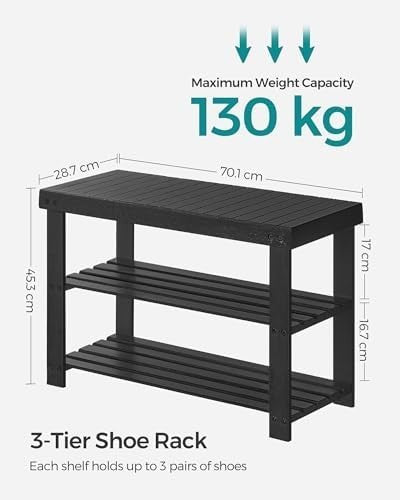 Black Bamboo Shoe Bench with 3-Tier Storage | Entryway & Hallway Seat